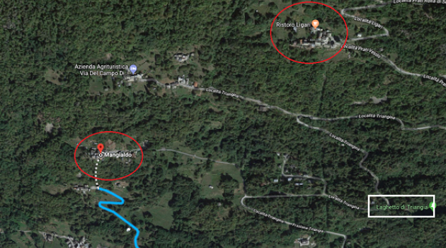 La zona: nel cerchi rossi: in basso Mangialdo, in alto Ligari
